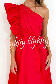 Solid One Shoulder Ruffled Sleeves Tie Waist Maxi Dress