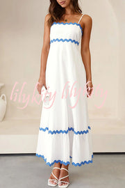 Bayside Beauty Wave Trim Patchwork Back Smocked Suspender Maxi Dress