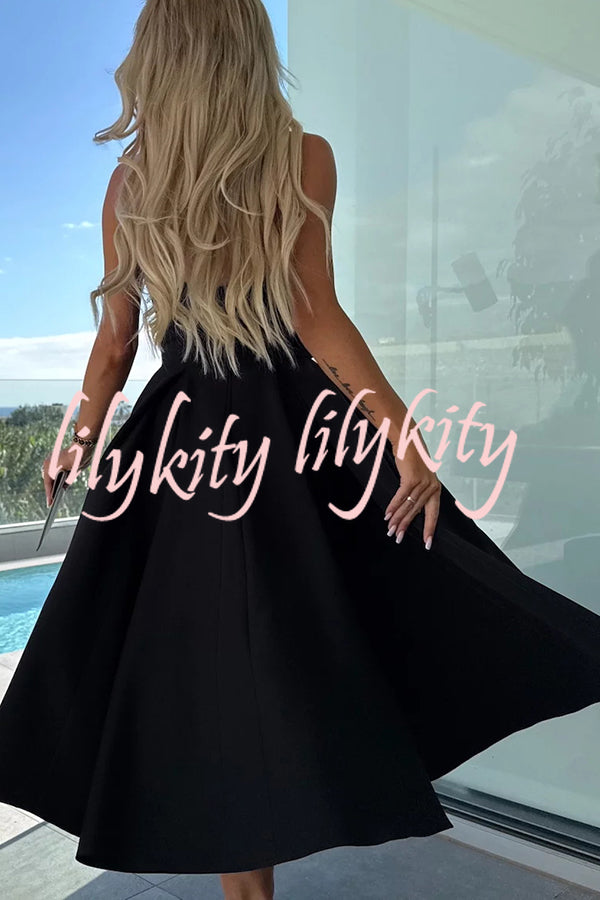 Sweet Cascade Solid Color Off Shoulder Pocket Full Hem Midi Dress