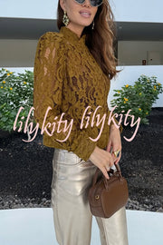 Palace Style Crochet Flower Lace Stand Neck Button Puff Sleeve Jacket