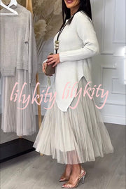 Jensine Ribbed Knit Irregular Loose Sweater and Pleated Tulle Tank Midi Dress Two-piece Set