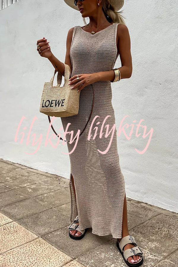 Solid Color Knitted Cutout Slit Slim Fit Maxi Dress