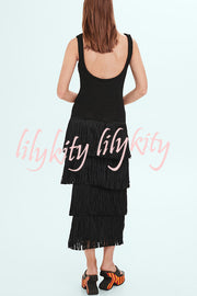 Solid Color Sleeveless Slim Fit Fringed Hem Knitted Midi Dress