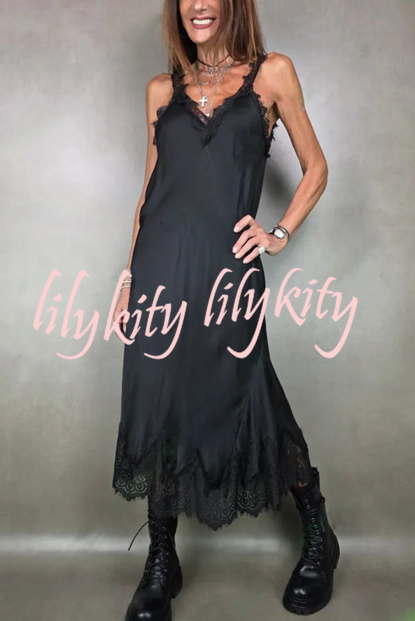 Fashionable V-neck Suspender Lace Splicing Casual Midi Dress