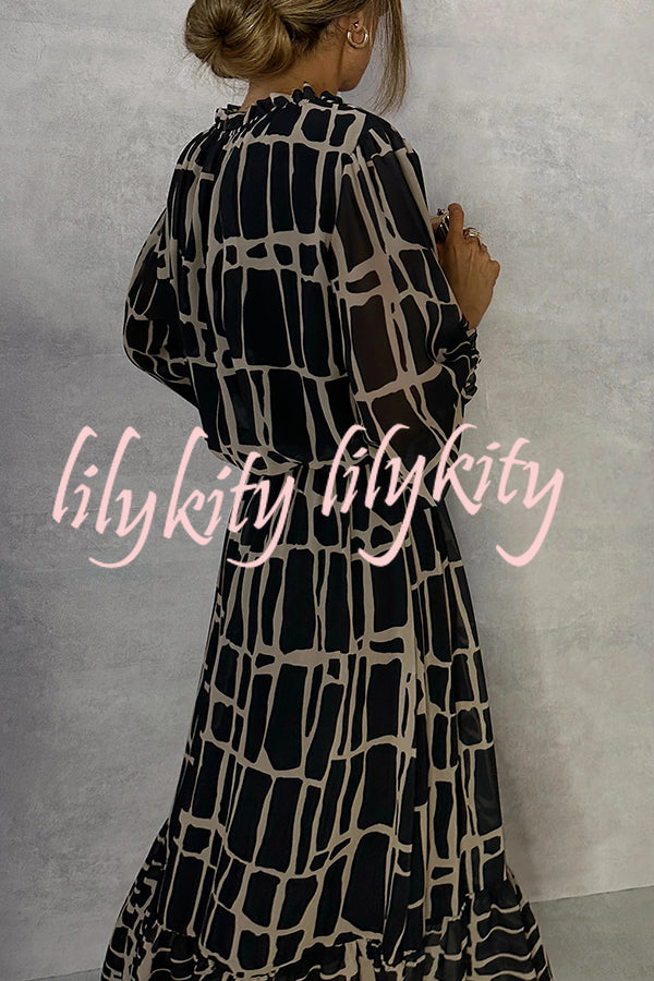 Unique Printed V-neck Tie-up Waist Long-sleeve Maxi Dress