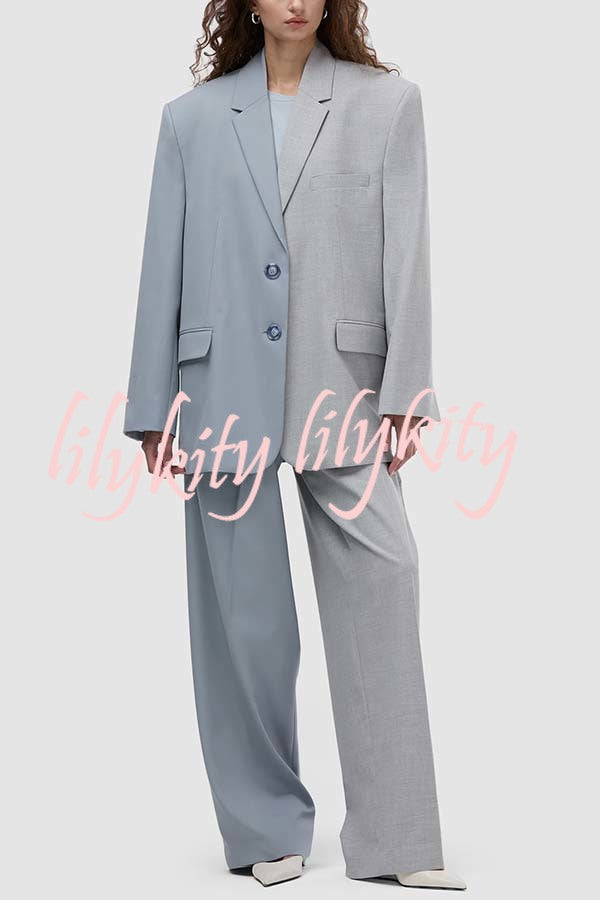 Girl Boss Avant-garde Contrast Colors Lapel Boyfriend Blazer and Pocketed Wide Leg Pants Set