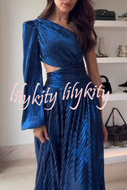 Dazzling Night Metallic Pleated One Shoulder Cutout Balloon Sleeve Gown Maxi Dress