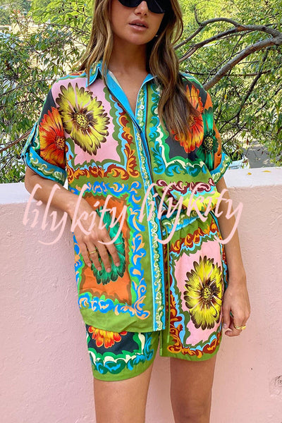 Disco Daisy Unique Printed Colorblock Button Oversized Shorts Set