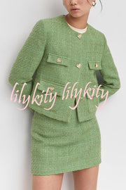 Stylish Tweed Love Button Long Sleeve Casual Pocket Jacket