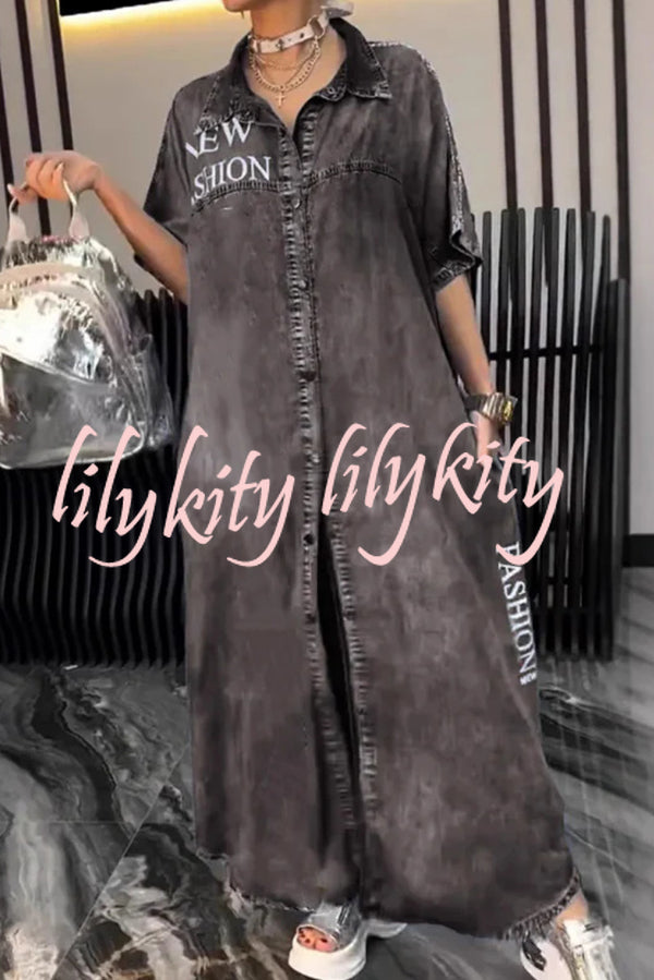 Fashion Letter Print Lapel Cardigan Loose Maxi Dress