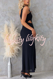 Solid Color Elegant Mesh One Shoulder Sexy Waist Hollow Out Maxi Dress