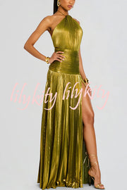 Glamorous Metallic Pleated Fabric Open Back Halter Slit Maxi Dress