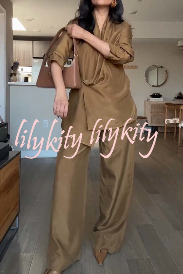 Bella Satin Drape Collar Single Button Casual Blazer and Elastic Waist Pocket Loose Pants Set