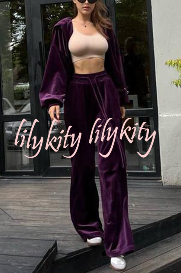 Velvet Casual Zip-up Hooded Top and Elastic Waist Wide Leg Pants Set