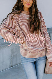 Knitted Striped Round Neck Dolman Sleeve Casual Loose Sweater