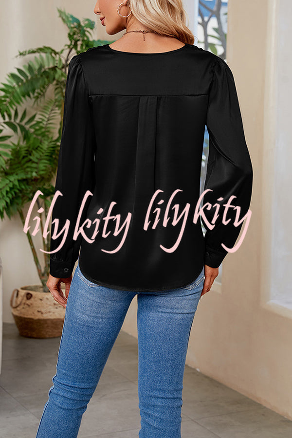 Satin Pleated V-neck Long-sleeved Loose Shirt