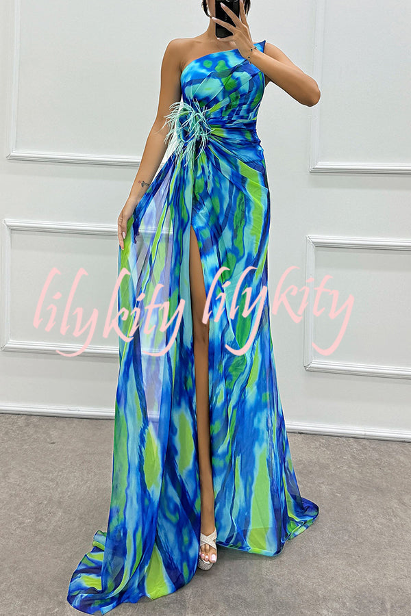 Amazing Views Watercolor Print Feather Rose Detail Off Shoulder Pleated Slit Maxi Dress