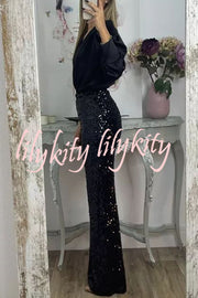 Glitzy Glamour Sequin High Rise Elastic Waist Wide Leg Pants