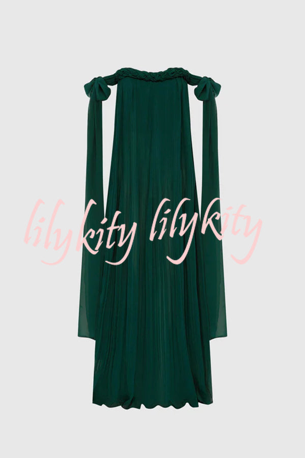 Fairy Spirit Tulle Braided Neckline Tie Arm Straps Pleated Maxi Dress