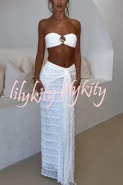 Fashion Metal Shell Embellished Sexy Bandeau and Elastic Tie Maxi Skirt Set