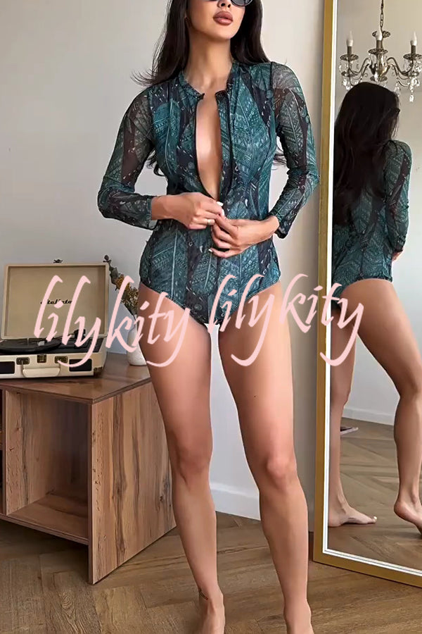 Unique Print One-piece Swimsuit and Cardigan and High Rise Pants Three-piece Set