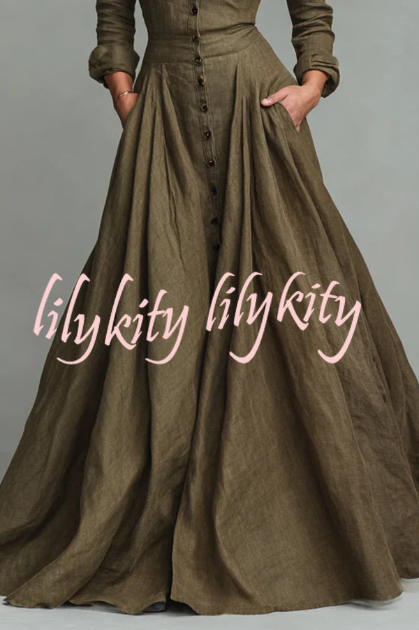 Linen Blend Lapel Pocket Single-breasted Shirt-style Casual Maxi Dress