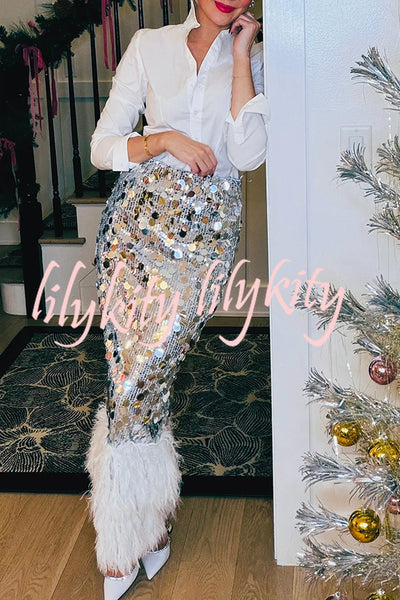 Playful Sparkling Large Sequin Faux Fur Tassel Hem Elastic Waist Maxi Skirt
