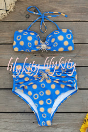 Sun Print Metal Embellishments Stretch Two-piece Bikini Swimsuit