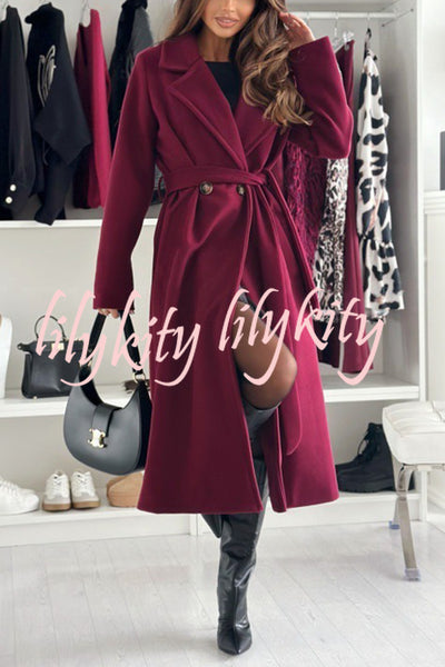 Solid Color Lapel Long Sleeve Waist Tie Long Coat