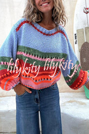 Rainbow Mood Multicolor Round Neck Hollow Long Sleeve Knitted Sweater