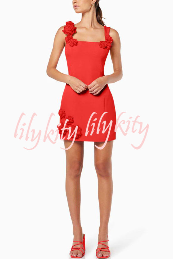 Crush on You Rose Applique Square Neck Wide Strap Mini Dress