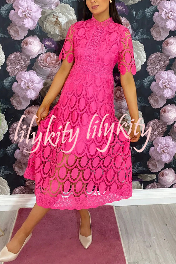 Elegant Crocheted Cutout Lace Short-sleeved Stand-collar Midi Dress