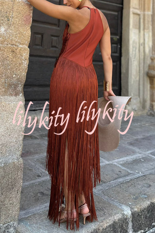 Fashion Sleeveless Halter Neck Elegant Tassel Slim Maxi Dress
