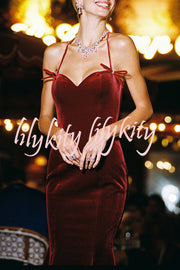 Althea Velvet Sweetheart Neck Bow Strap Fishtail Hem Stretch Midi Dress