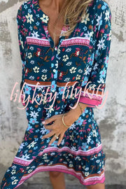 Ethnic Floral Print V-neck Loose Pocket Mini Dress