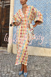 Gorgeous Sunshine Colorful Unique Print Kimono Puff Sleeve Midi Dress