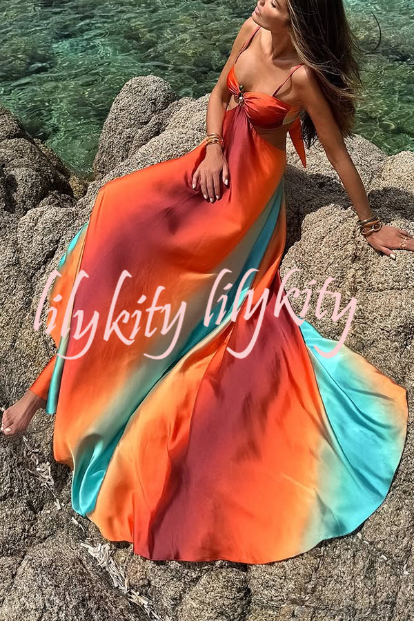 Neon Sunset Printed Metal Decoration Cutout Back Tie-up Vacation Maxi Dress