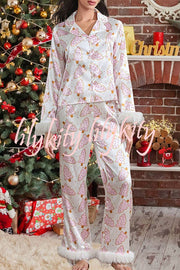 Christmas Print Feather Trim Elastic Waist Pocket Pajama Set