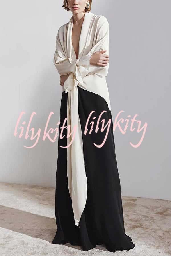 Fashion Contrast Color V-neck Tie High Waist Drape Maxi Dress