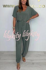 Solid Color V-neck Short-sleeved Waist-tied Loose Casual Jumpsuit