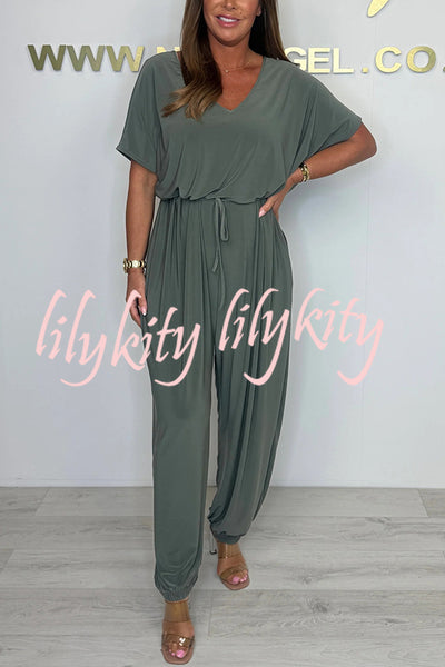 Solid Color V-neck Short-sleeved Waist-tied Loose Casual Jumpsuit
