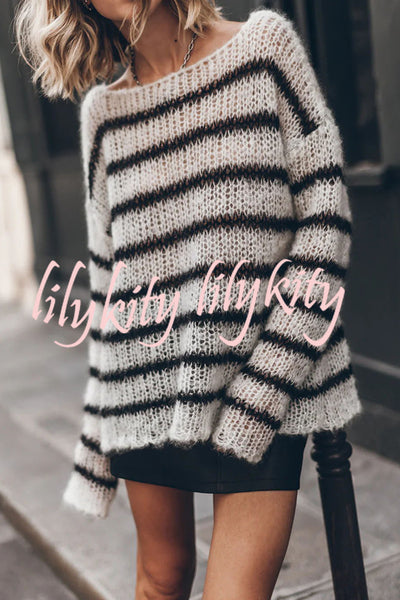 Time for Warmer Layers Fluffy Stripes Relaxed Knit Sweater