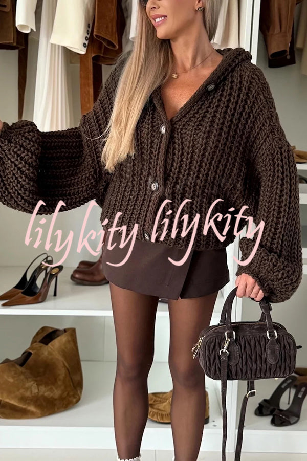 Warm Day Knit Button Up Long Balloon Sleeve Hooded Loose Cardigan