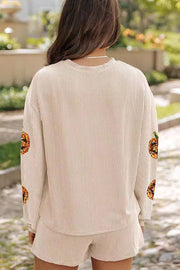 Christmas Sequined Loose Long-sleeved Top and Elastic Waist Casual Shorts Set