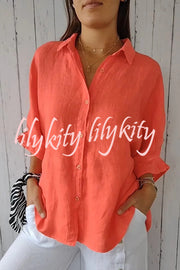 Linen Blend Solid Color Tie Back Loose Shirt Top