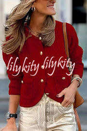 Solid Color V-neck Long-sleeved Loose Pocket Knit Cardigan