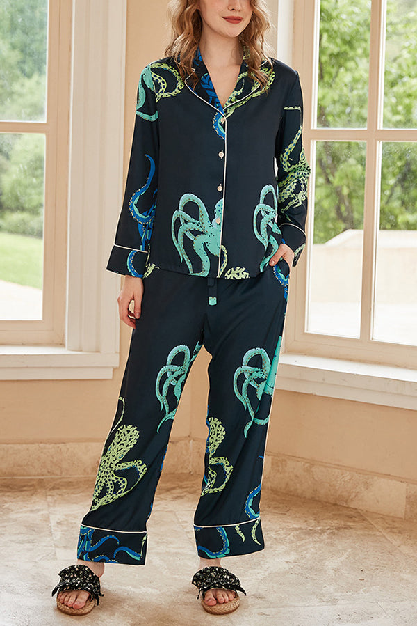 Black Octopus Print Home Long-sleeved Two-piece Set