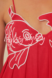 Red Fish Embroidered Sling Backless Maxi Dress