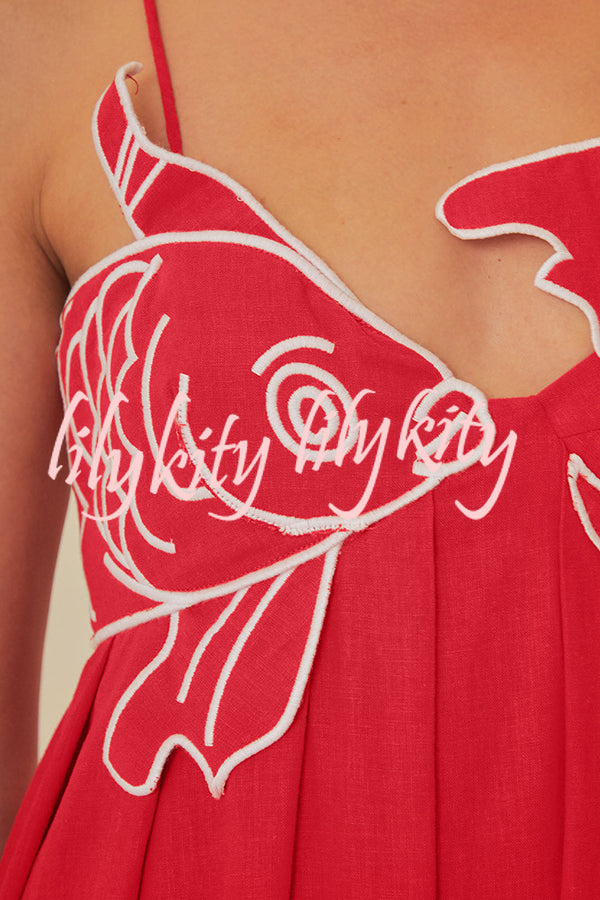 Red Fish Embroidered Sling Backless Maxi Dress