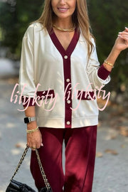 Stylish Color-blocked V-neck Knitted Button-down Cardigan and Elastic Waist Casual Wide-leg Pants Set